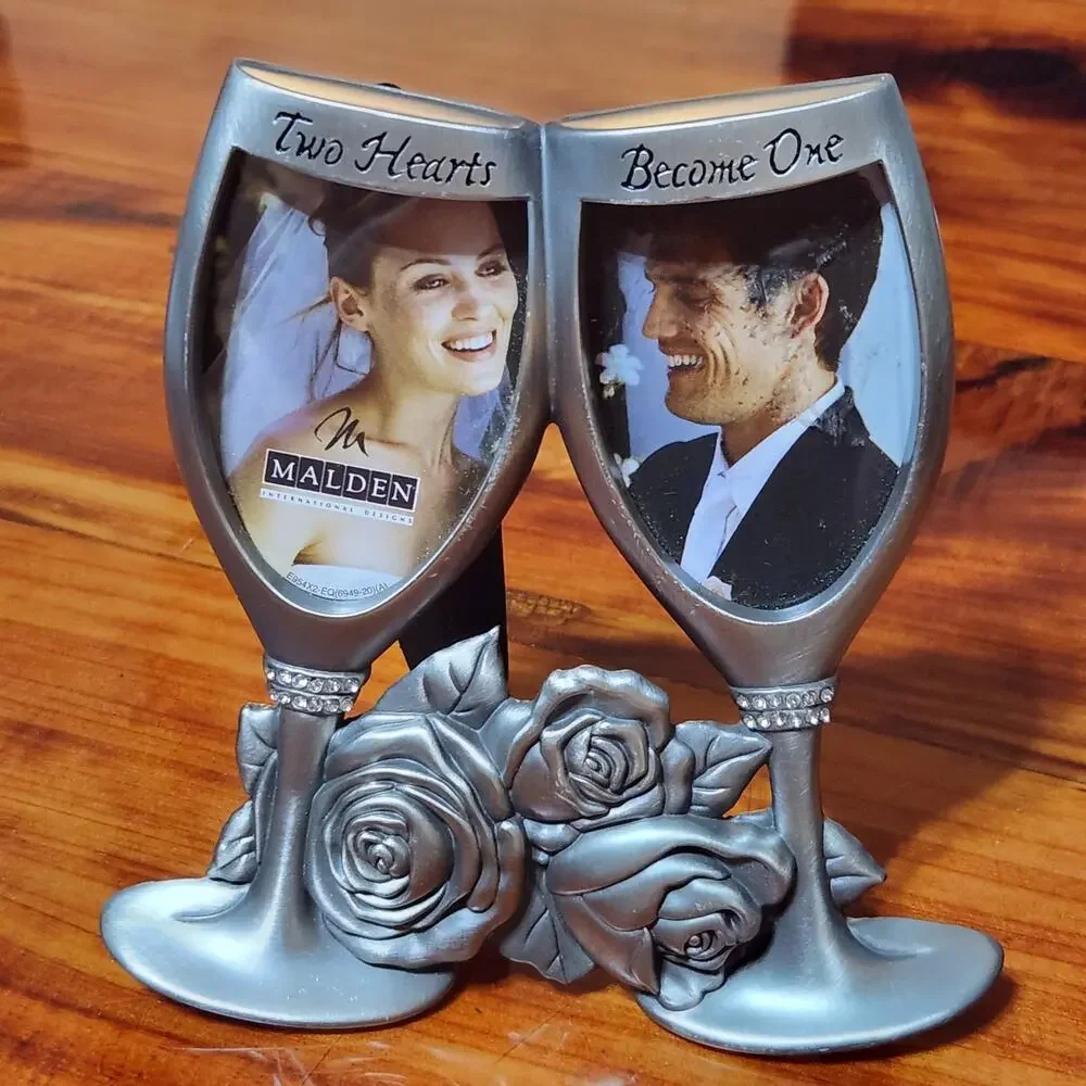 Vtg Wedding Photo Frame Bride Groom Champagne Cheers Silver Love Keepsake
